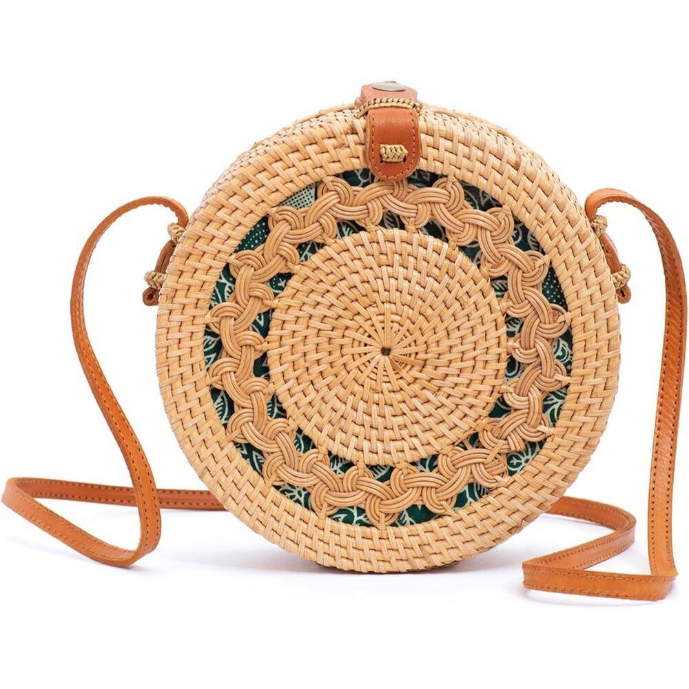 Round Rattan Bag Women Straw Wicker Crossbody Boho Authentic Summer